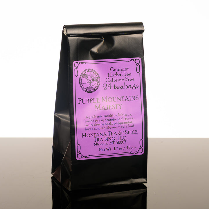 This black and purple bag includes 24 teabags of gourmet, herbal tea that is caffeine free. Montana Tea and Spice LLC's Purple Mountains Majesty tea—Montana-made tea for gifting and sipping