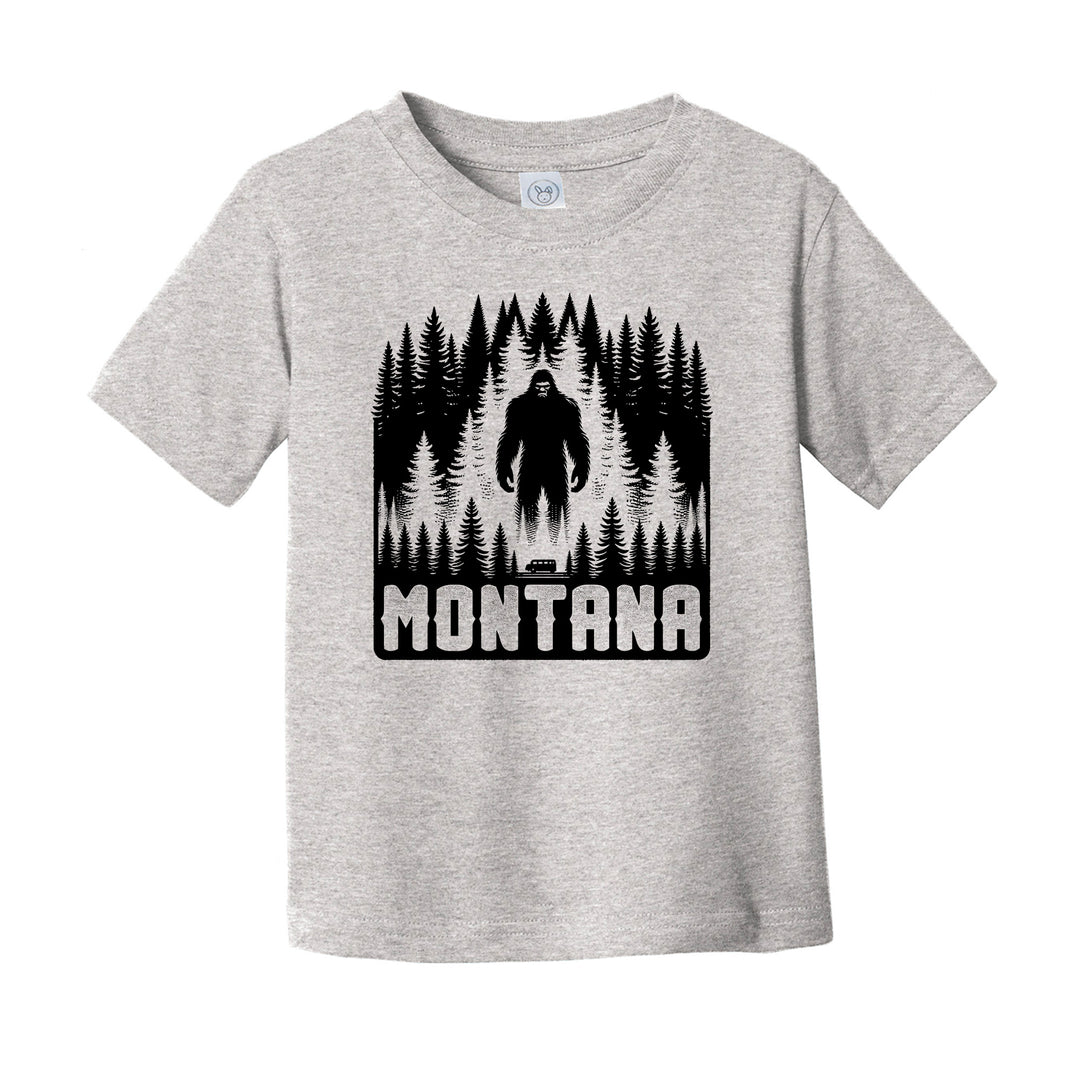 A Heather Gray toddler T-shirt with a black Bigfoot design that says Montana