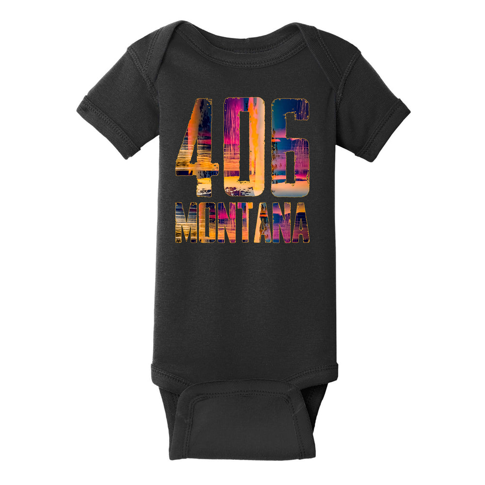 A black onesies with a vibrant print of the 406 Montana design