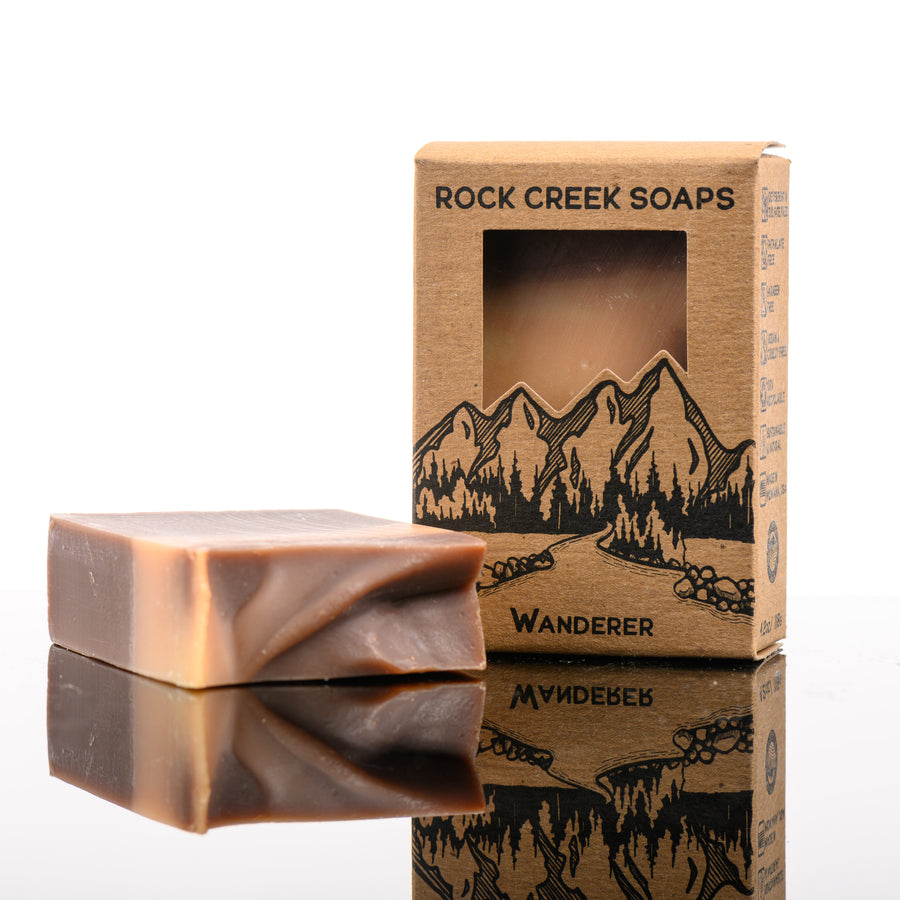 Wanderer Bar Soap—scented with amber, lavender, vanilla, and musk—handcrafted bar soap made in Montana by Rock Creek Soaps