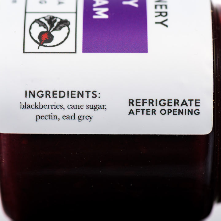 The ingredients list for Roots Blackberry Earl Grey Jam: Blackberries, Cane Sugar, pectin, earl grey.