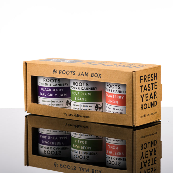 A classy gift box set of three jams made in Montana including Blackberry Earl Grey Jam, Sour Plum & Sage Jam and Strawberry Lemon Jam.