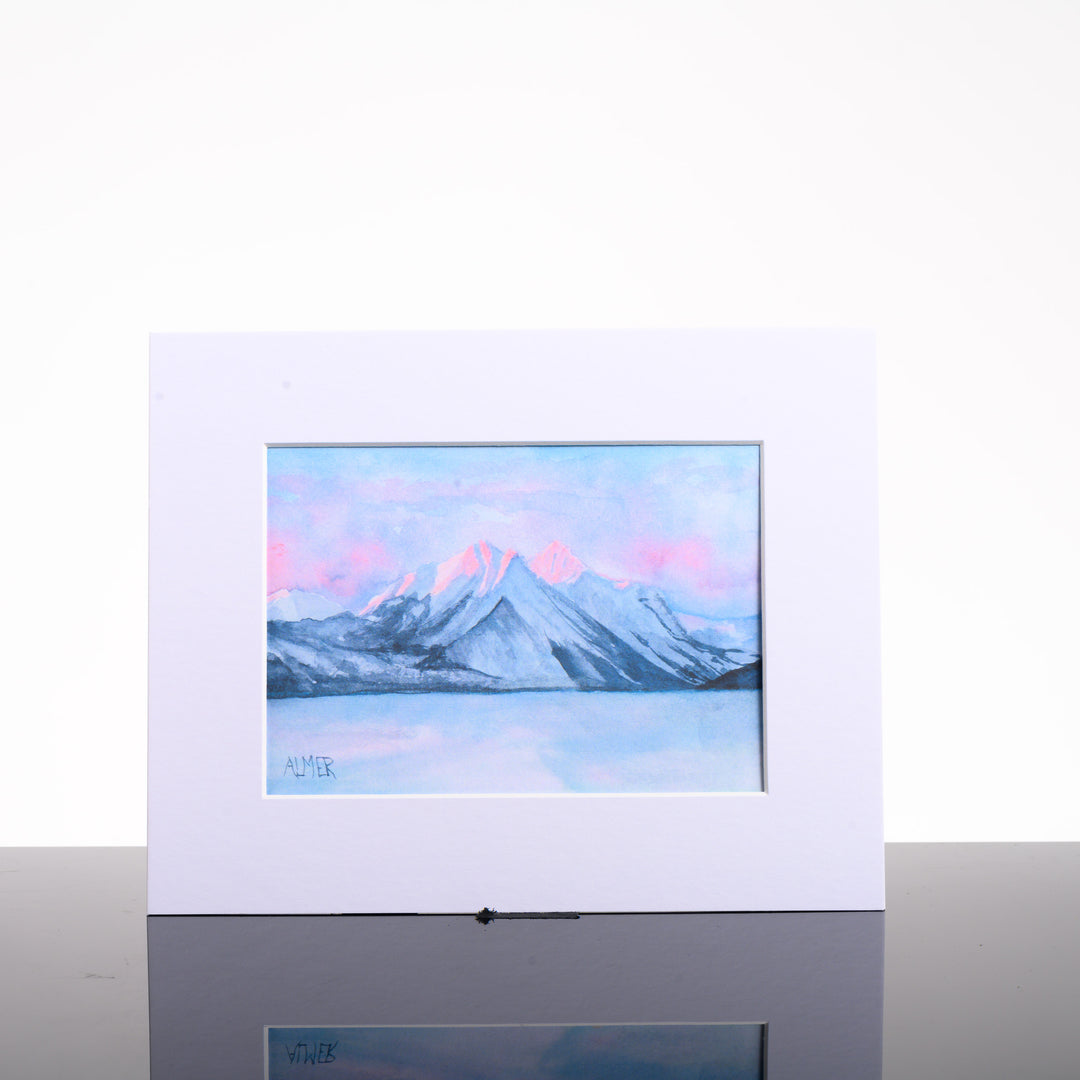 Frozen Lake McDonald Matted Print, by Stark Mountain Studio - 5x7 print of a Bobbe Almer watercolor painting in a 8x10 mat--a perfect Montana-made gift for art lovers