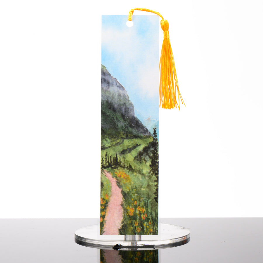 Hiking Glacier Bookmark, by Stark Mountain Studio - 1 7/8 x 7 3/8” bookmark of a Bobbe Almer watercolor painting with tassel