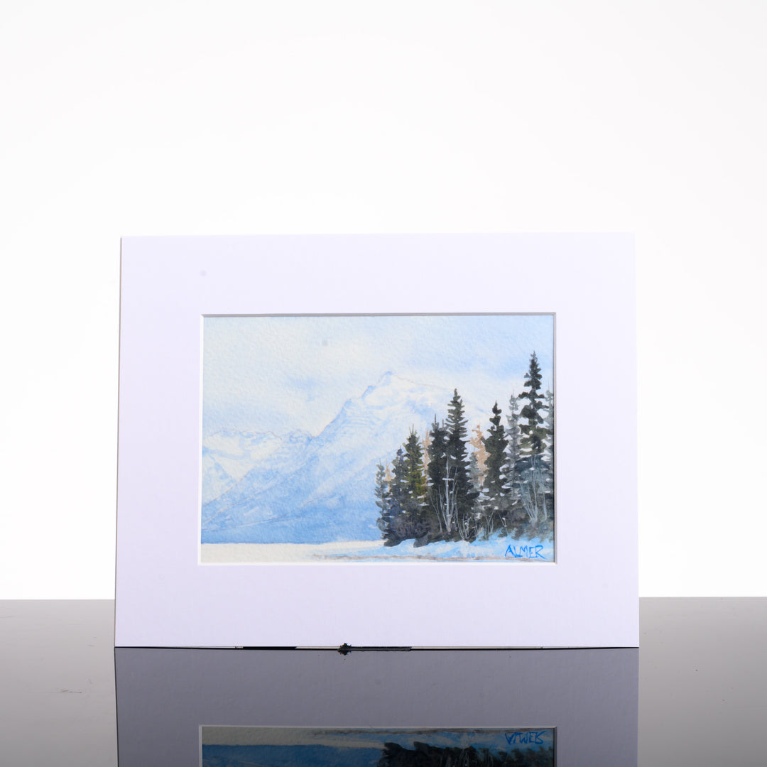 Lake McDonald Winter Matted Print, by Stark Mountain Studio - 5x7 print of a Bobbe Almer watercolor painting in a 8x10 mat--a perfect Montana-made gift for art lovers