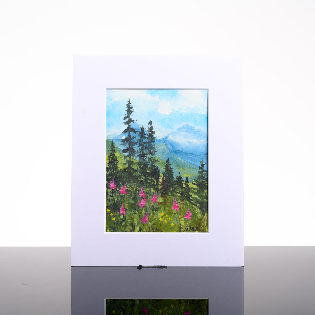 Mountain Meadows Print, by Stark Mountain Studio - 5x7 print of a Bobbe Almer watercolor painting in a 8x10 mat--a perfect Montana-made gift of nature for art lovers