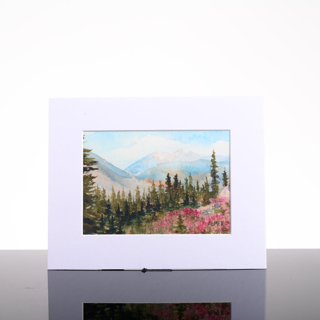 Mountain Meadows Matted Print, by Stark Mountain Studio - 5x7 print of a Bobbe Almer watercolor painting in a 8x10 mat--a perfect Montana-made gift of nature for art lovers