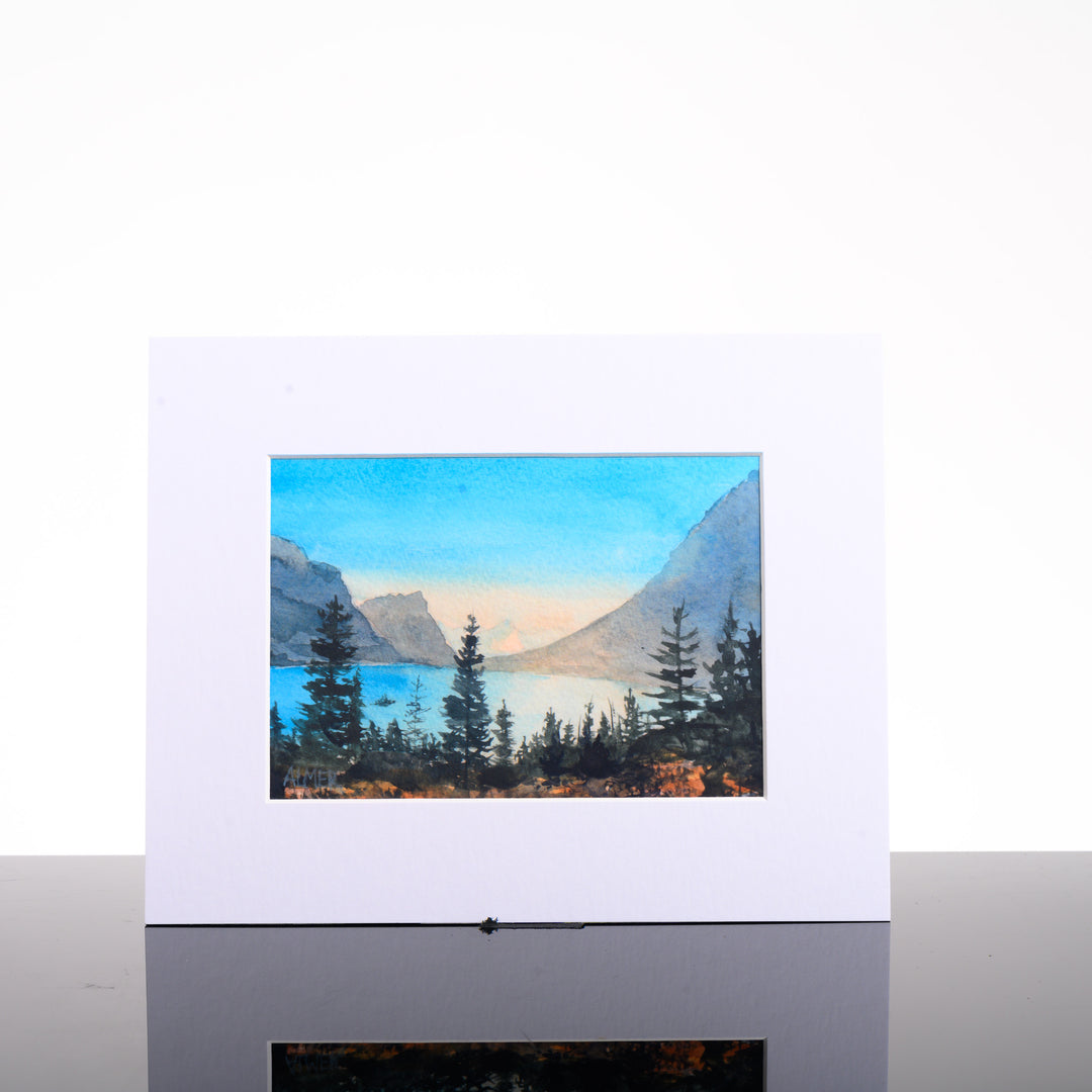 St. Mary End of Day Matted Print, by Stark Mountain Studio - 5x7 print of a Bobbe Almer watercolor painting in a 8x10 mat--a perfect Montana-made gift of nature for art lovers