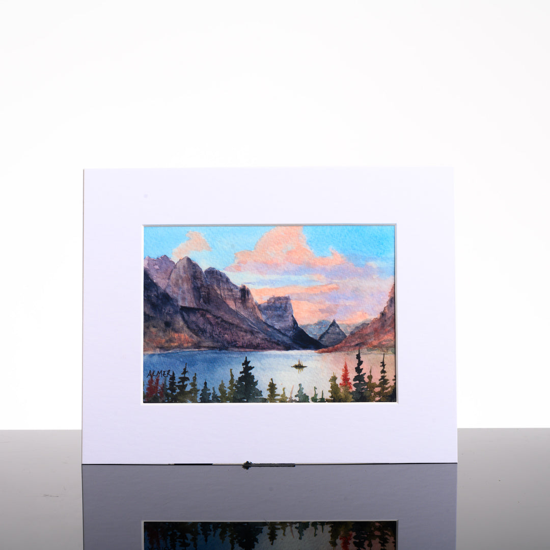 St. Mary Sundown Matted Print, by Stark Mountain Studio - 5x7 print of a Bobbe Almer watercolor painting in a 8x10 mat--a perfect Montana-made gift of nature for art lovers