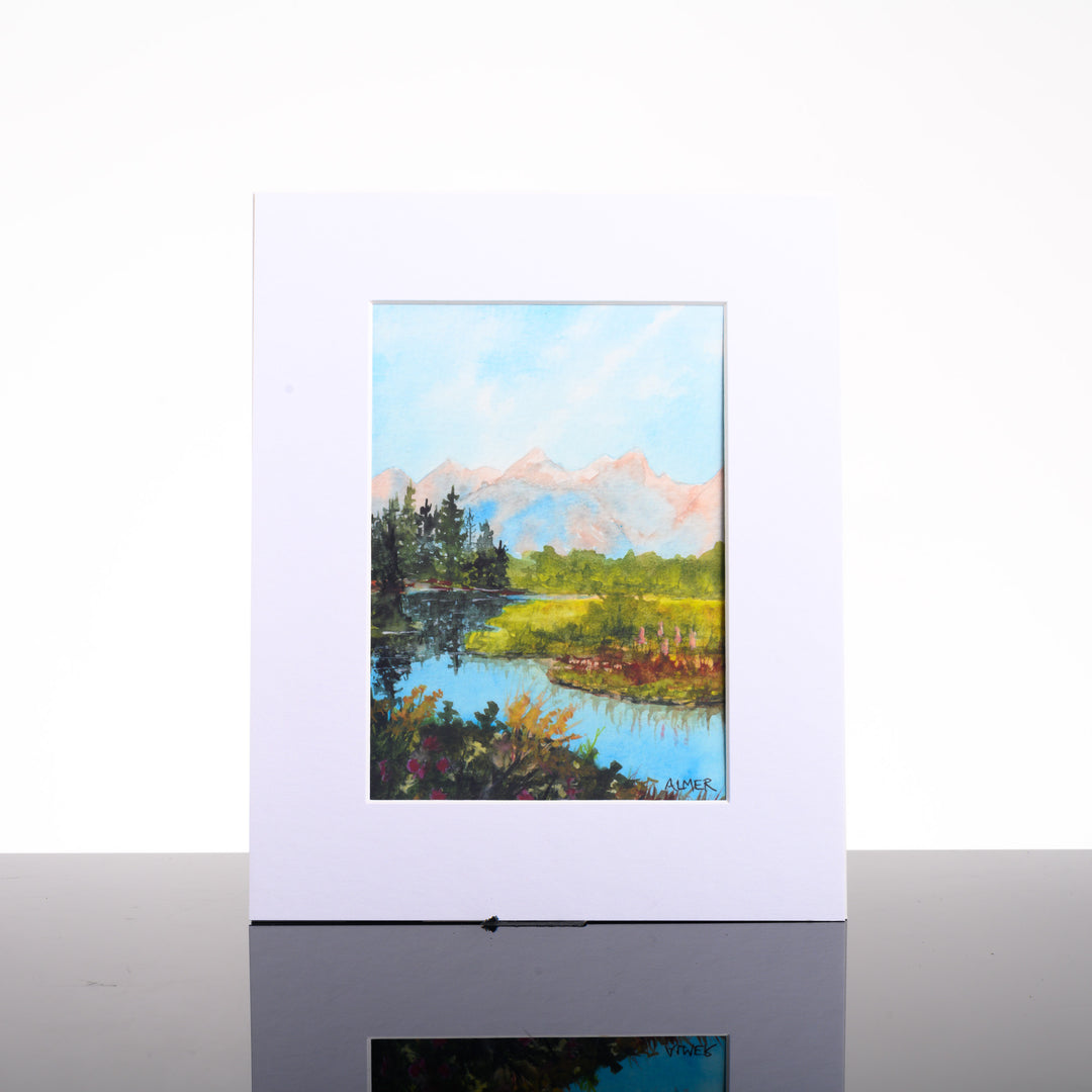 Summer Reflections Matted Print, by Stark Mountain Studio - 5x7 print of a Bobbe Almer watercolor painting in a 8x10 mat--a perfect Montana-made gift of nature for art lovers