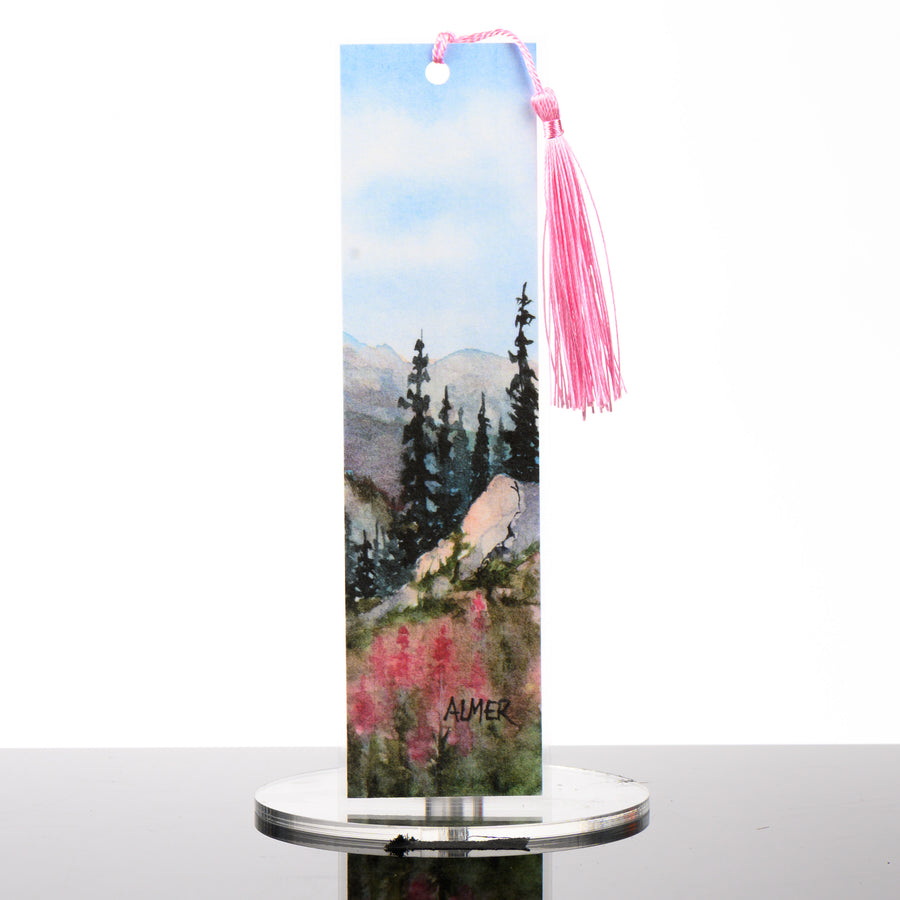 Twin Peak Bloom Bookmark, by Stark Mountain Studio - 1 7/8 x 7 3/8” bookmark of a Bobbe Almer watercolor painting with tassel