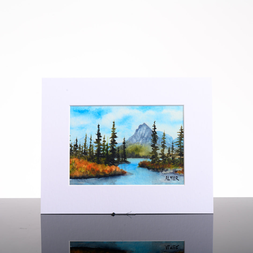 Two Medicine Fall Print, by Stark Mountain Studio - 5x7 print of a Bobbe Almer watercolor painting in a 8x10 mat--a perfect Montana-made gift of nature for art lovers