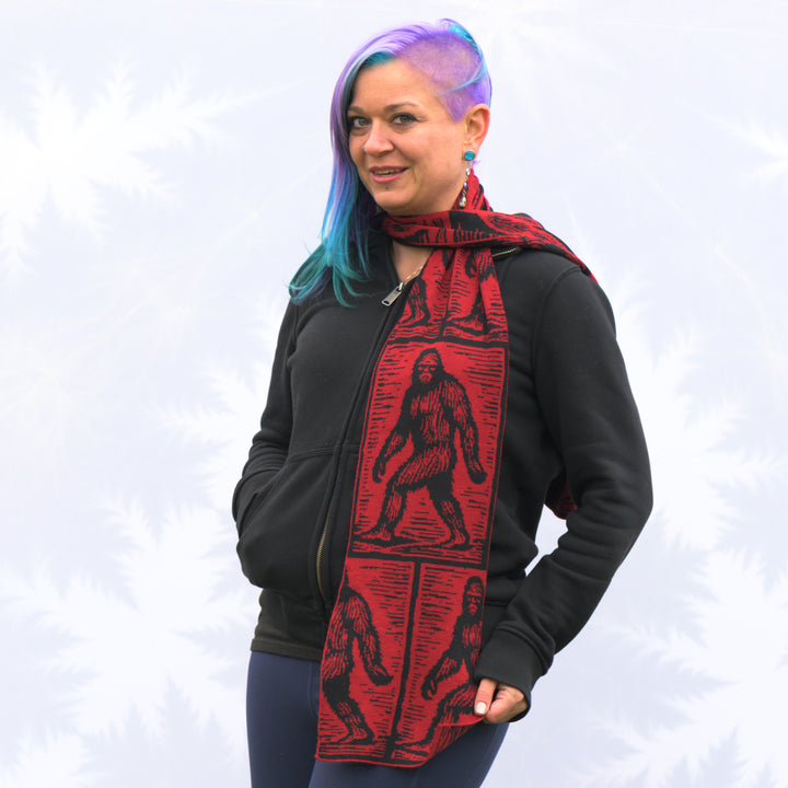 Sapphire Alpaca Bigfoot Knit Scarf in Red and Black, handmade in Montana using 100% ethically sourced alpaca fiber