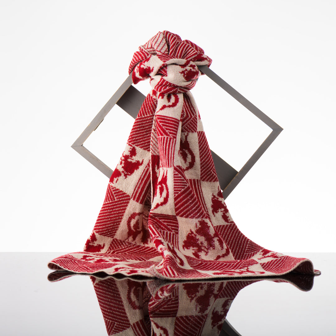 Sapphire Alpaca Bison Checkered Knit Scarf in cream and red, handmade in Montana using 100% ethically sourced alpaca fiber