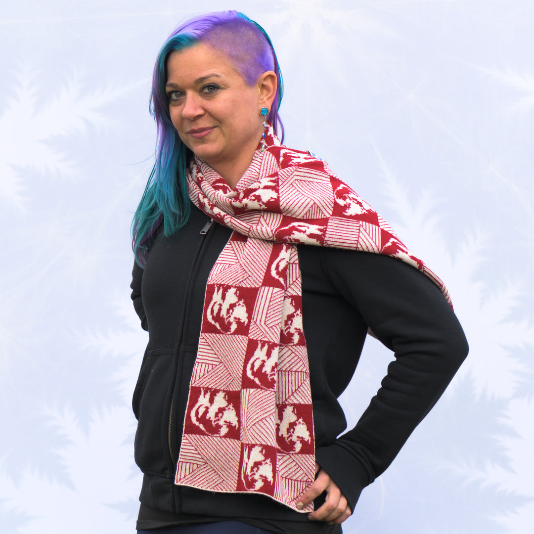 Sapphire Alpaca Bison Checkered Knit Scarf in cream and red, handmade in Montana using 100% ethically sourced alpaca fiber