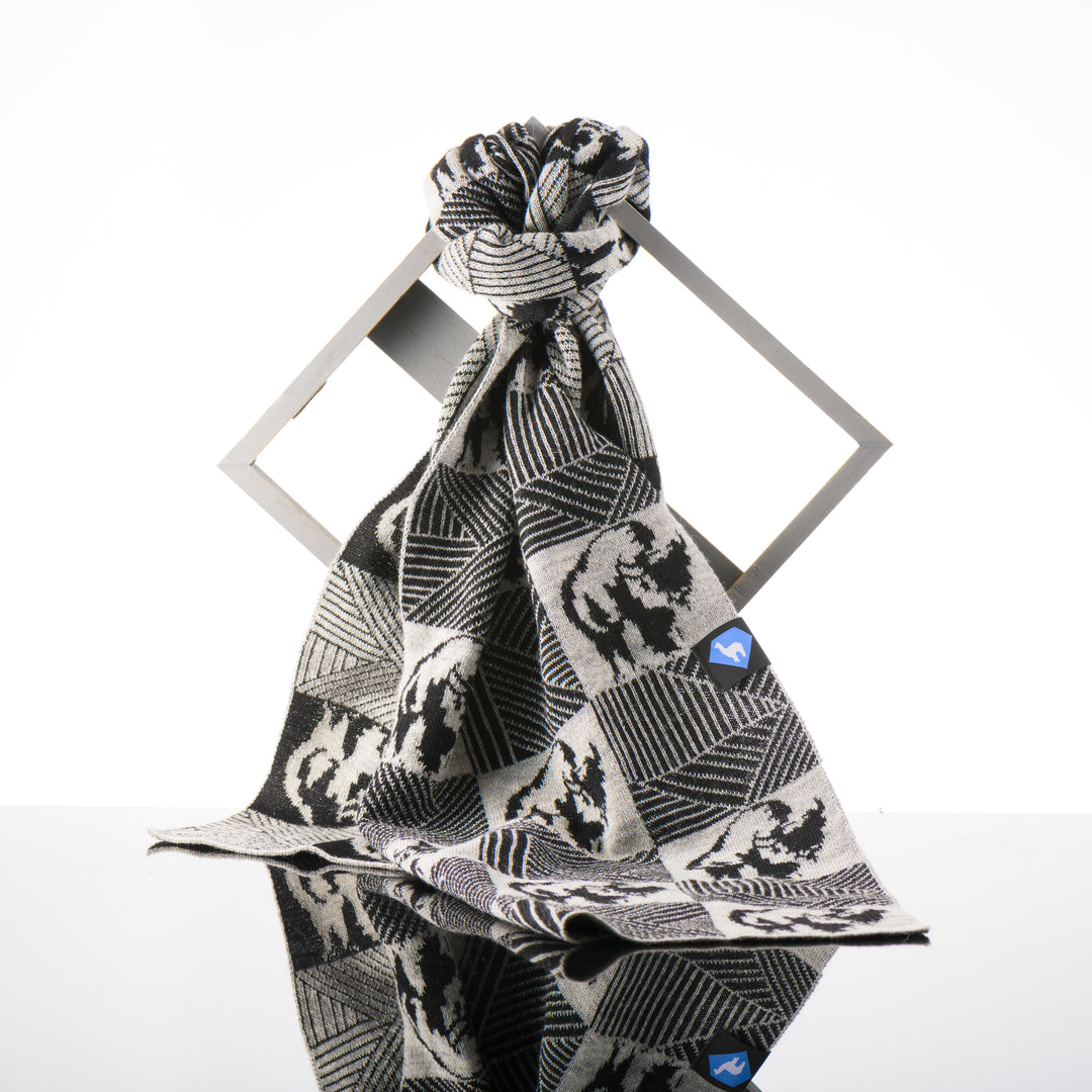 Sapphire Alpaca Bison Checkered Knit Scarf in grey and black, handmade in Montana using 100% ethically sourced alpaca fiber