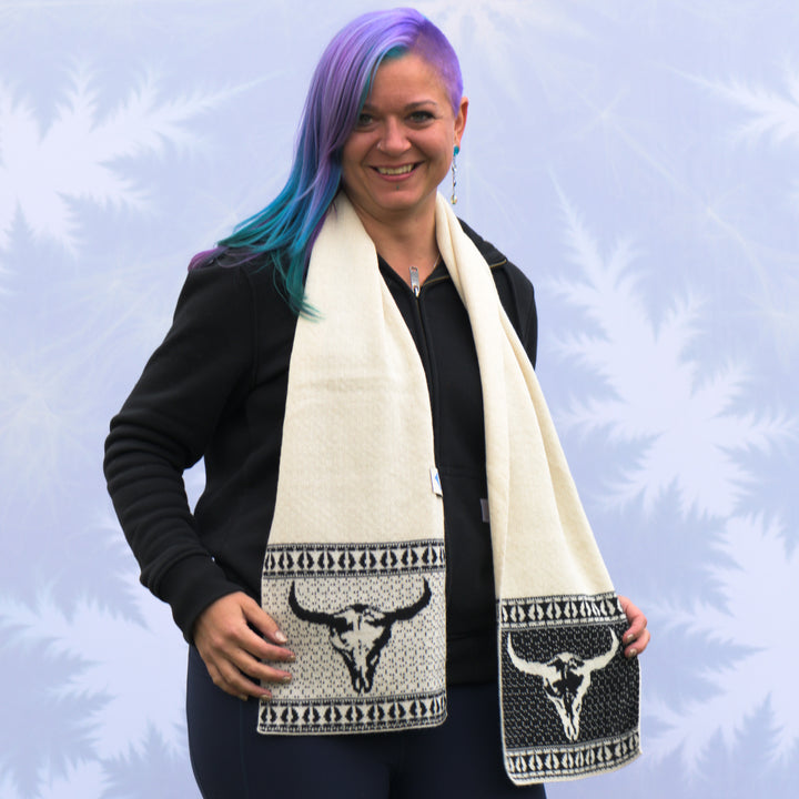 Sapphire Alpaca Buffalo Skull Waffle Knit Scarf in cream and black, handmade in Montana using 100% ethically sourced alpaca fiber