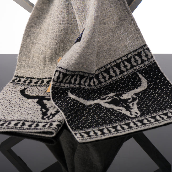 Sapphire Alpaca Buffalo Skull Waffle Knit Scarf in grey and black, handmade in Montana using 100% ethically sourced alpaca fiber