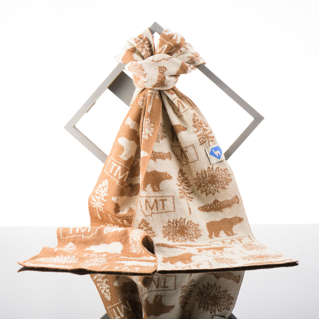 Sapphire Alpaca Montana Knit Scarf in cream and camel, handmade in Montana using 100% ethically sourced alpaca fiber