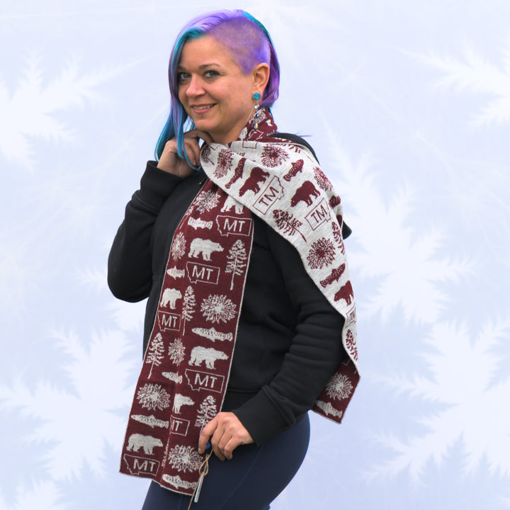 Sapphire Alpaca Montana Knit Scarf in maroon and grey, handmade in Montana using 100% ethically sourced alpaca fiber