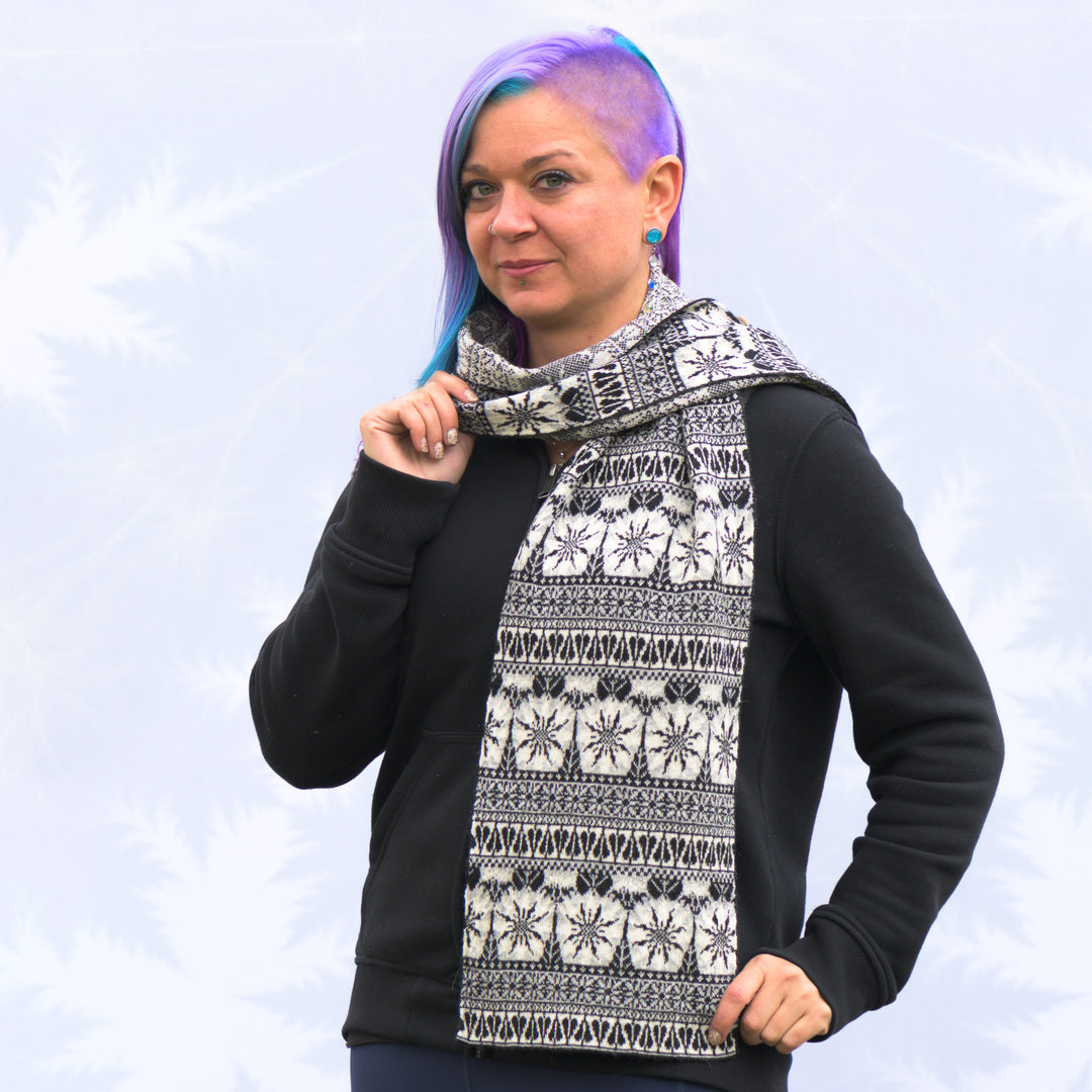 Sapphire Alpaca Arrowleaf Balsamroot Faire Isle Knit Scarf in cream, grey, and black, handmade in Montana using 100% ethically sourced alpaca fiber