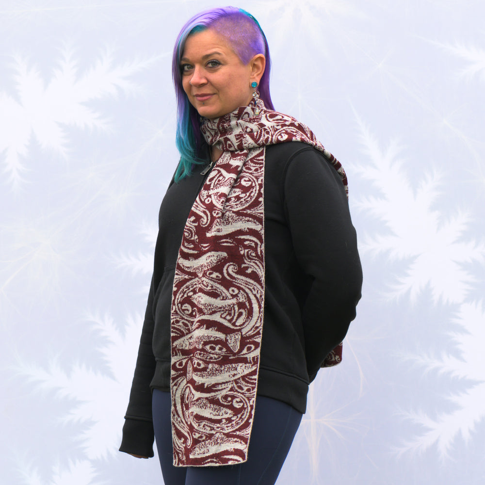 Sapphire Alpaca Brown Trout Knit Scarf in maroon and grey, handmade in Montana using 100% ethically sourced alpaca fiber