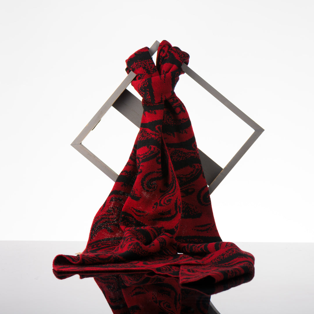 Sapphire Alpaca Brown Trout Knit Scarf in red and black, handmade in Montana using 100% ethically sourced alpaca fiber