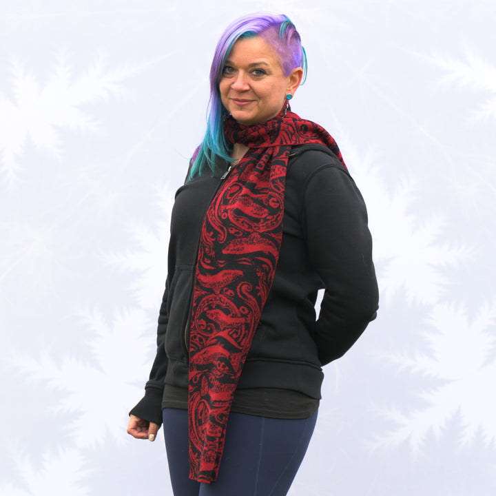 Sapphire Alpaca Brown Trout Knit Scarf in red and black, handmade in Montana using 100% ethically sourced alpaca fiber