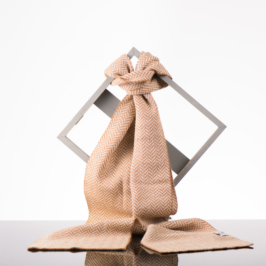 Sapphire Alpaca Herringbone Knit Scarf in camel and cream, handmade in Montana using 100% ethically sourced alpaca fiber