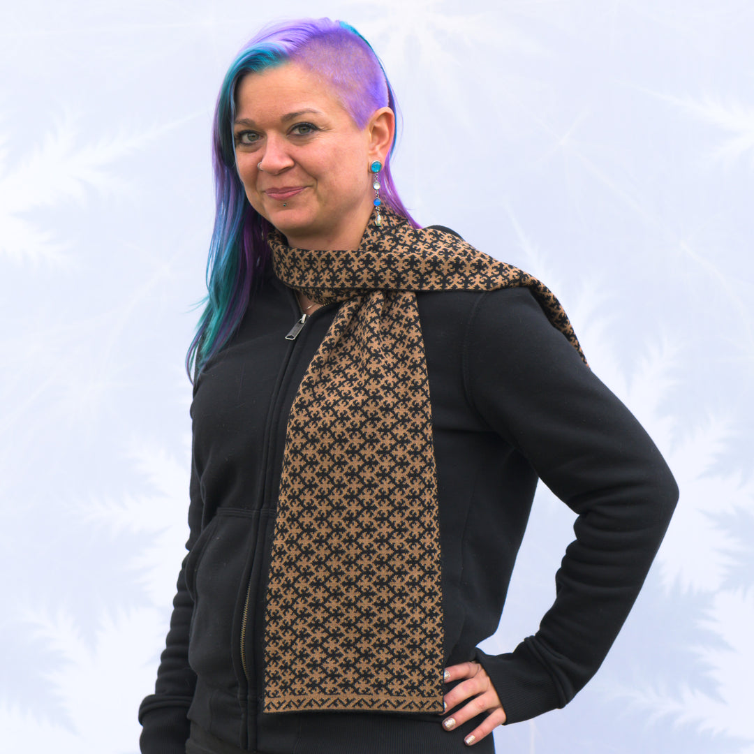 Sapphire Alpaca Madison Mosaic Knit Scarf in black and camel, handmade in Montana using 100% ethically sourced alpaca fiber