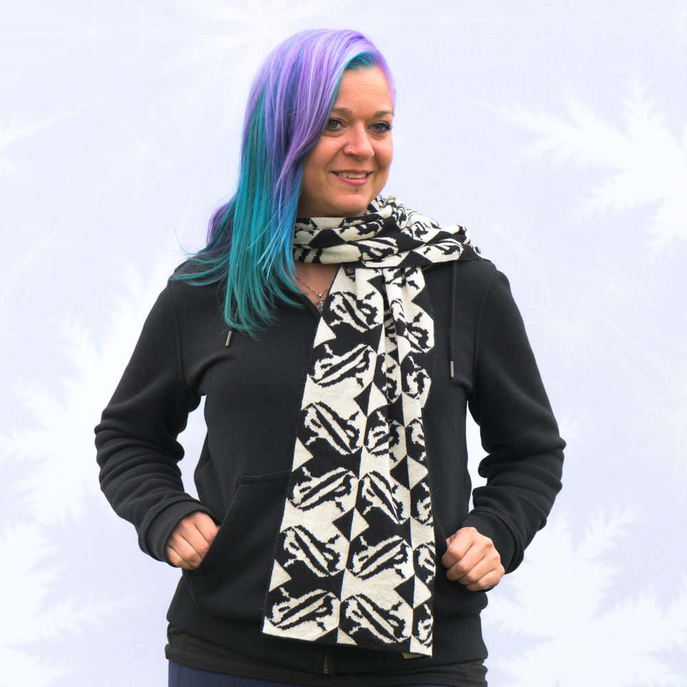 Sapphire Alpaca Magpie Houndstooth Knit Scarf in cream and black, handmade in Montana using 100% ethically sourced alpaca fiber