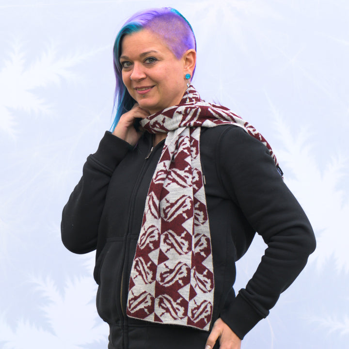 Sapphire Alpaca Magpie Houndstooth Knit Scarf in maroon and grey, handmade in Montana using 100% ethically sourced alpaca fiber