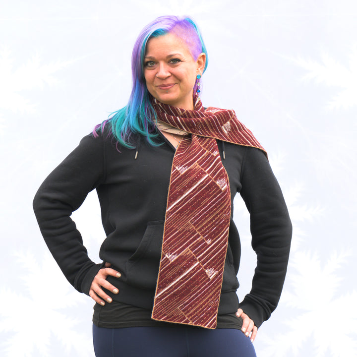 Sapphire Alpaca Mountain Abstract Knit Scarf in cream, maroon, and camel, handmade in Montana using 100% ethically sourced alpaca fiber