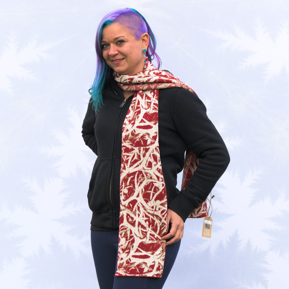 Sapphire Alpaca Shedhorn Knit Scarf in cream, red, and camel, handmade in Montana using 100% ethically sourced alpaca fiber