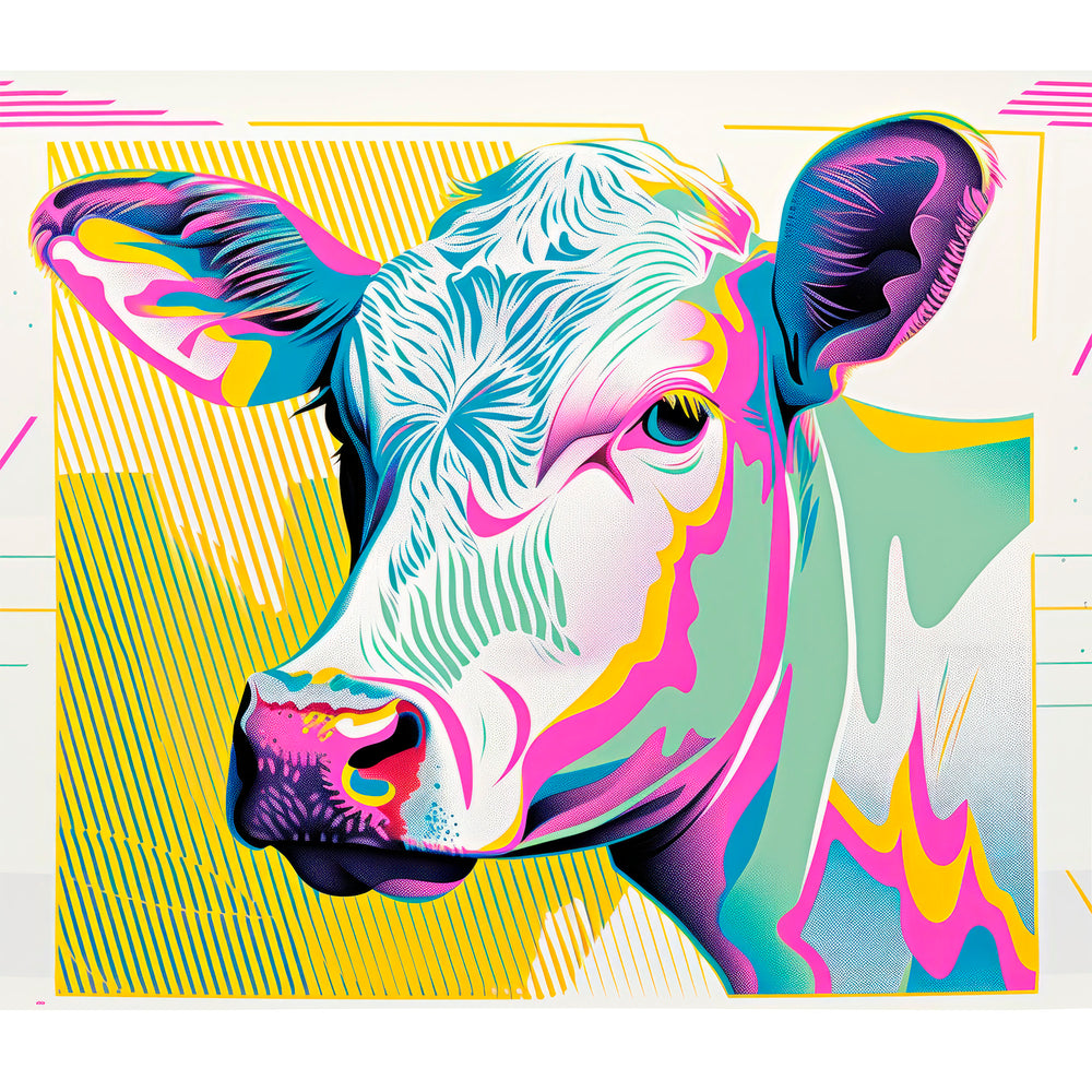 The art is a colorful modern cow design.