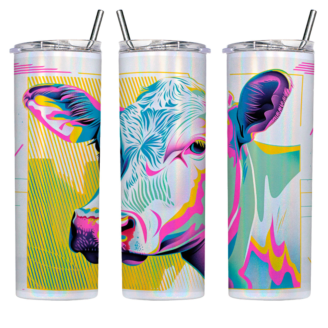 This 20oz shimmer tumbler with a metal straw shows an image from three sides of the vessel. The art is a colorful modern cow design.