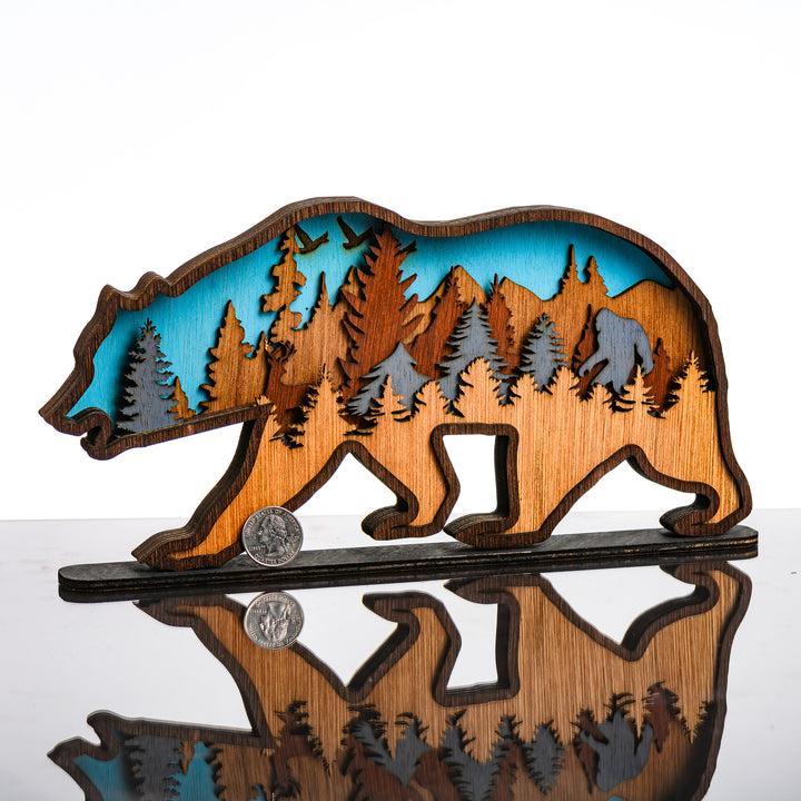 RJS Engraving & Design's Bear 3D Layered Wood Art, standard with scale