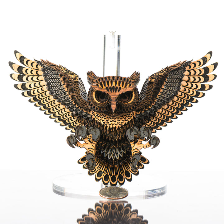RJS Engraving & Design's Owl 3D Layered Wood Art, Mini w/ scale