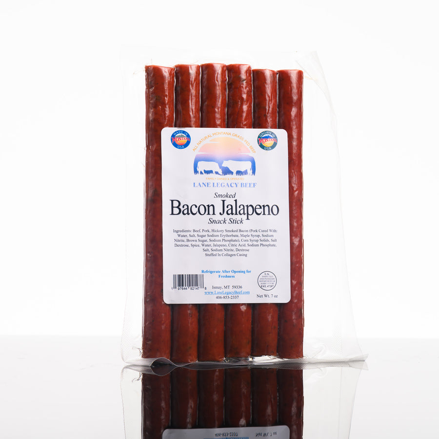 A 7 oz package of Legacy Lane's Bacon Jalapeno beef snack sticks