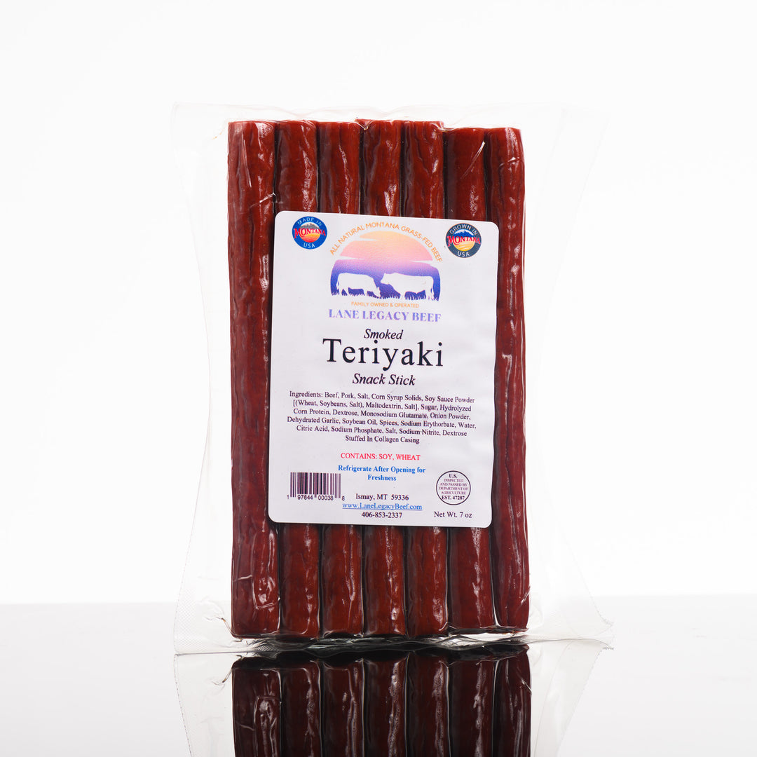 A 7 oz package of Legacy Lane's Teriyaki beef snack sticks