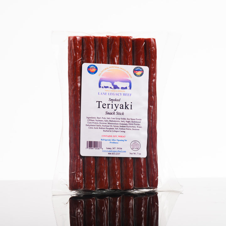 A 7 oz package of Legacy Lane's Teriyaki beef snack sticks