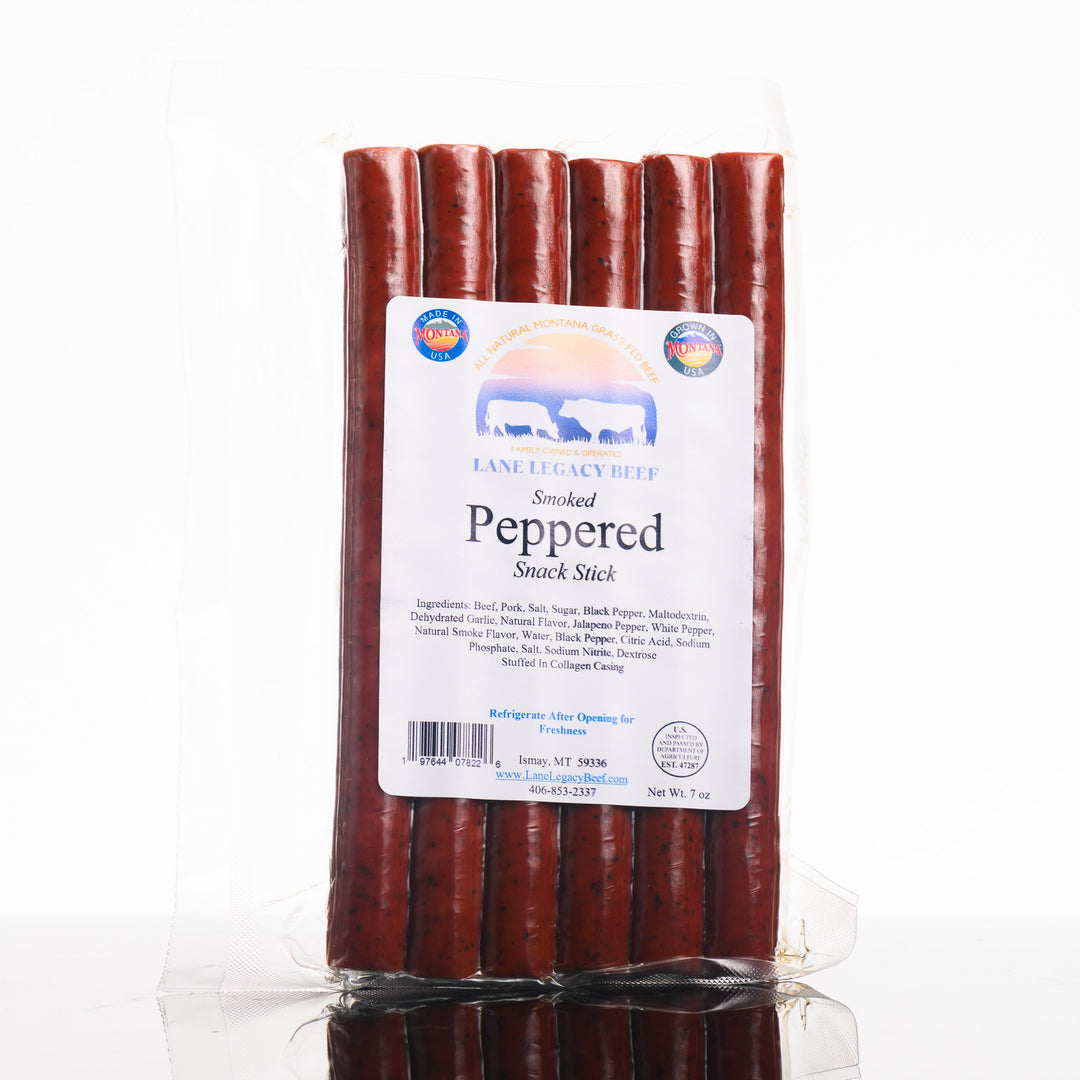 A 7 oz package of Legacy Lane's Peppered beef snack sticks