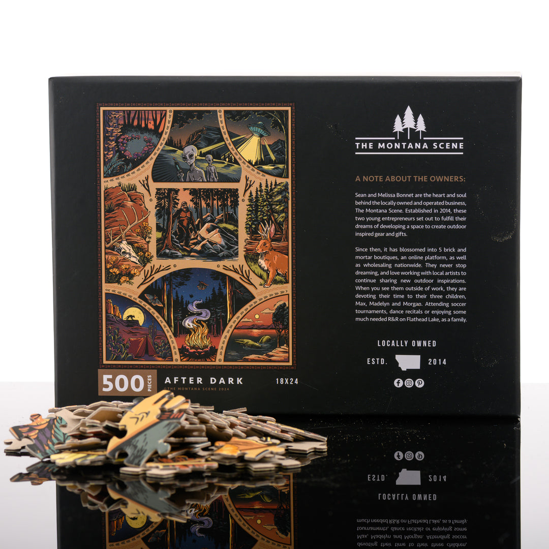 Intrigue with the After Dark Puzzle by The Montana Scene. This 500-piece Montana-made puzzle of spooky creatures and cryptids makes an entertaining gift; image depicts the box back and puzzle pieces.