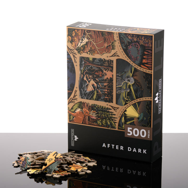 Intrigue with the After Dark Puzzle by The Montana Scene. This 500-piece Montana-made puzzle of spooky creatures and cryptids makes an entertaining gift; image depicts the box front and puzzle pieces.