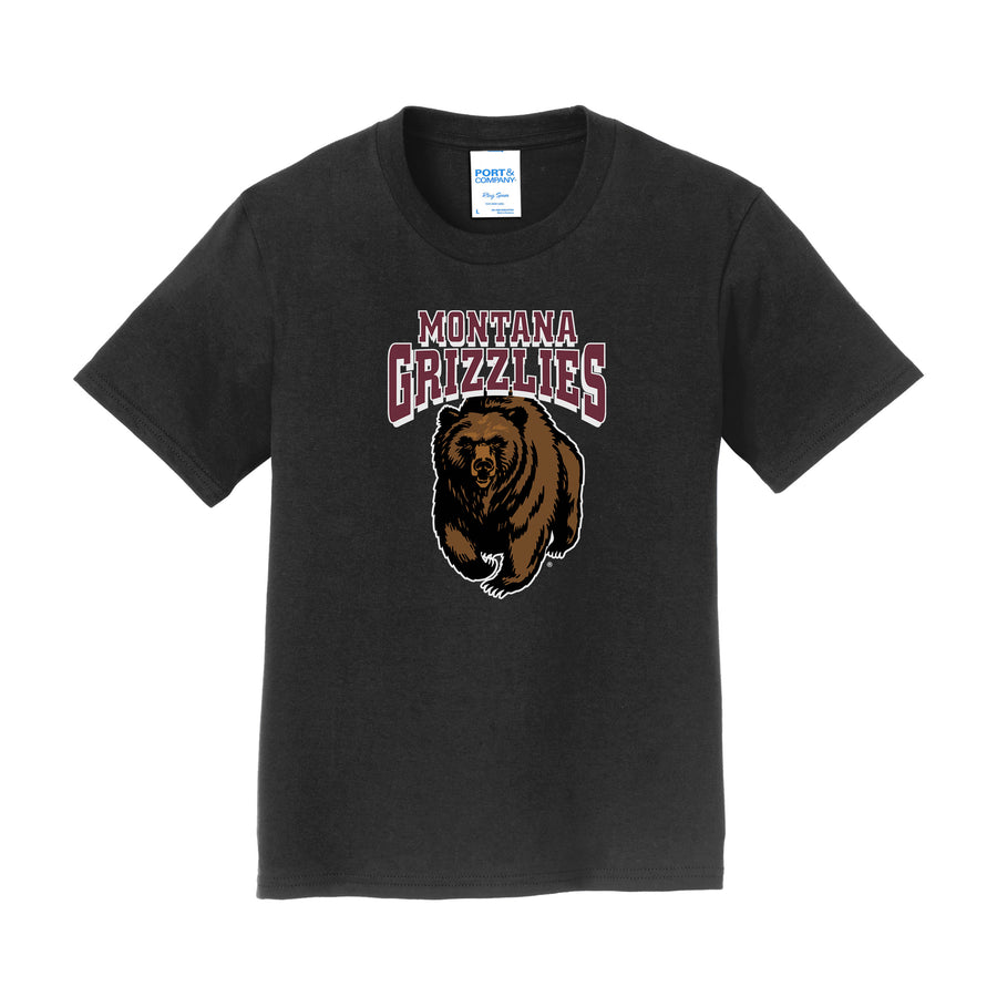 This picture is of a University of Montana Griz Charging Bear black youth tshirt