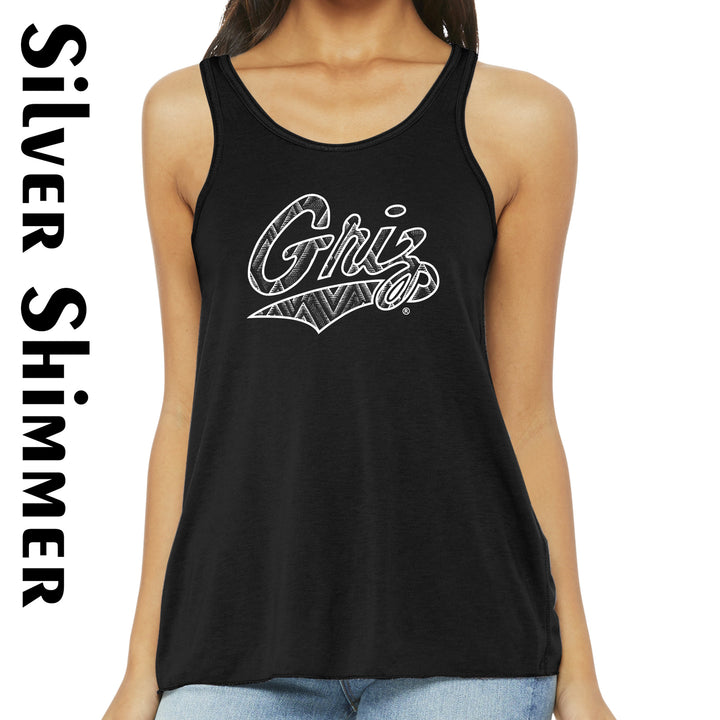 Blue Peaks Creative's black Ladies' Racerback Tank with the Shimmer Zig Zag Griz Script in shimmery silver