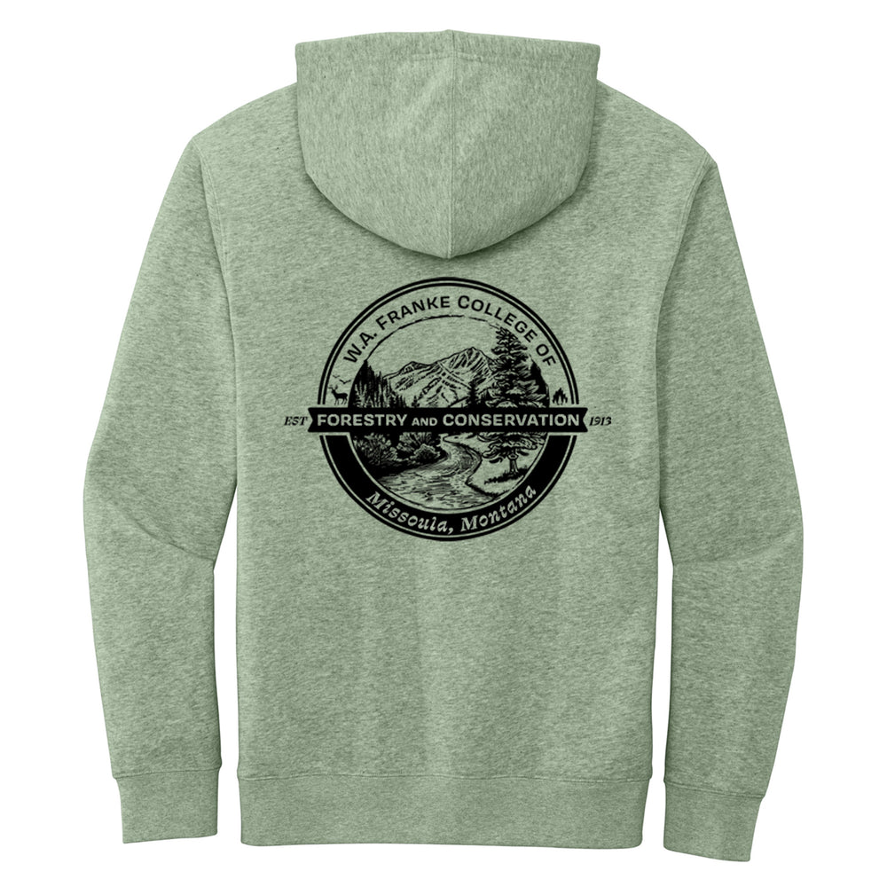 Fleece Hooded Sweatshirt - W.A. College of Forestry & Conservation Circle Logo, sales of which support environmental education, research, and conservation efforts at The University of Montana. Made in Missoula, MT.