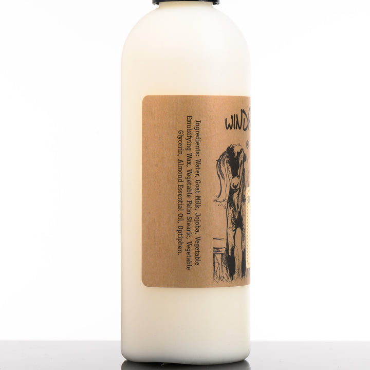 Windrift Hill Montana Made Goats N Oats luxury lotion ingredients list and side of bottle shot