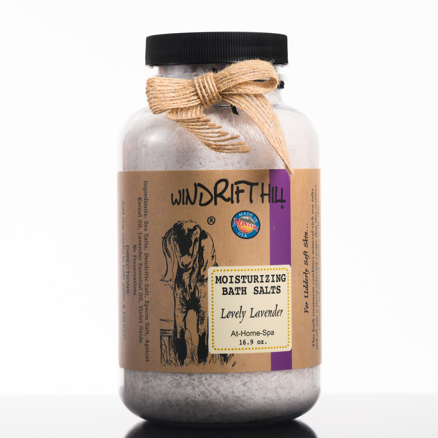 A 16.9 ounce bottle of Windrift Hill's Montana made moisturizing bath salts in scent Lovely lavender. For an at home spa experience.