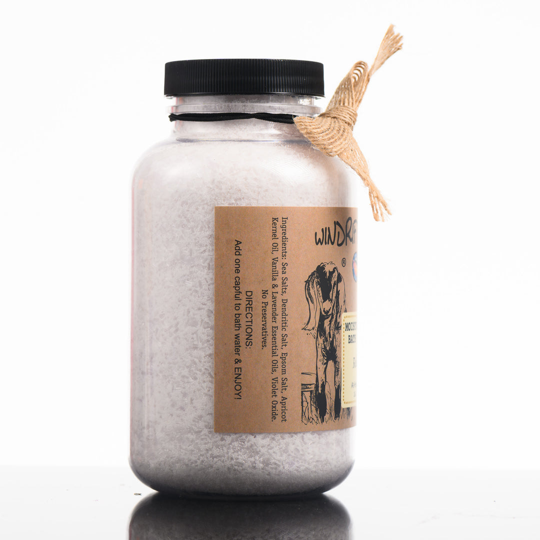 A 16 ounce bottle of Windrift Hill's Montana made relaxing scented luxury bath salts. Ingredients: Sea Salts, Dendritic Salt, Epsom Salt, Apricot Kernel Oil, Vanilla & Lavender Essential Oils, Violet Oxide. No Preservatives.